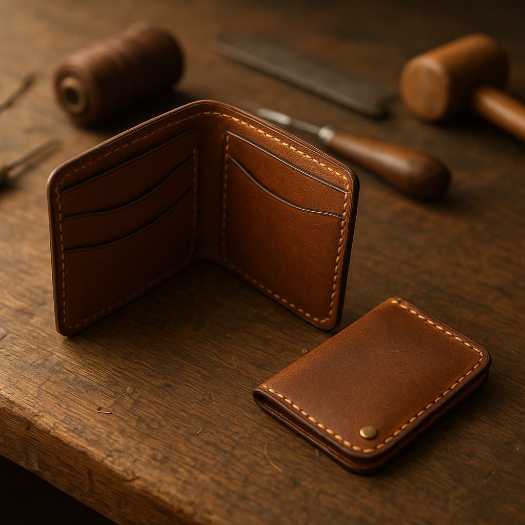 Handgefertigte Lederbrieftasche und Kartenetui auf Werkbank