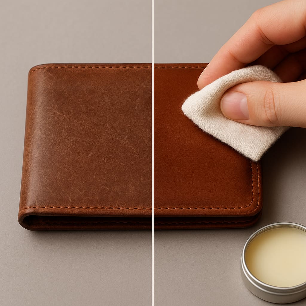 Pflege eines Lederportemonnaies mit weichem Tuch