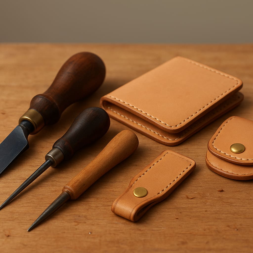 Lederwerkzeuge neben kleinen Lederwaren